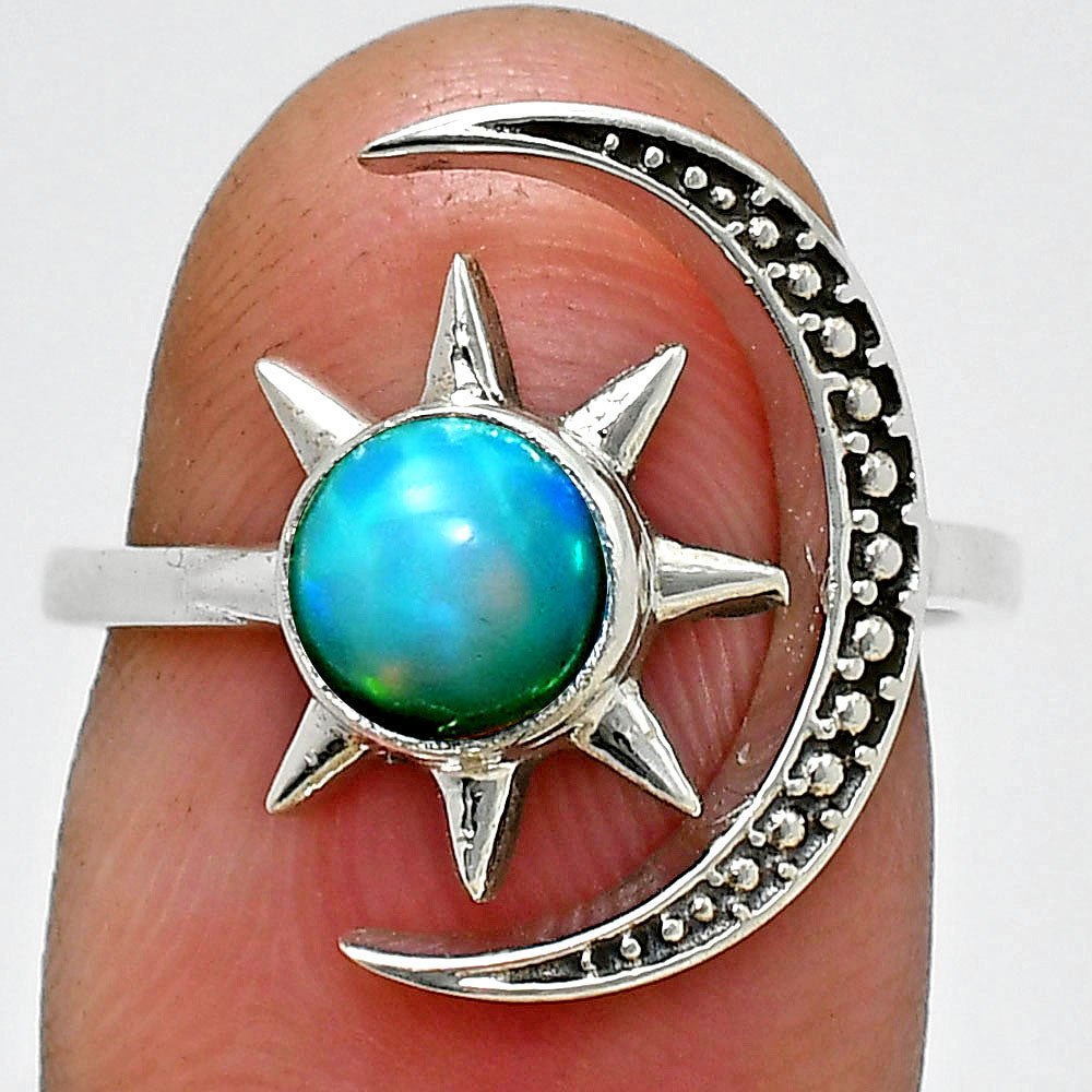 Star Moon Adjustable - Natural Gemstones 925 Silver Ring size.6-9 AGR1038 R-1015