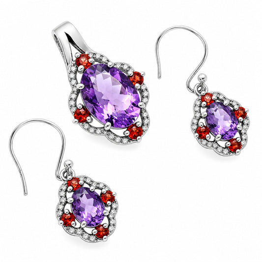 Oval Gemstone with Garnet Pendant Earrings Set 925 Sterling Silver AGT1010 T-1020