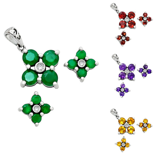 925 Sterling Silver Gemstone Flower Earrings & Pendant Jewelry Set AGT1012 T-1022