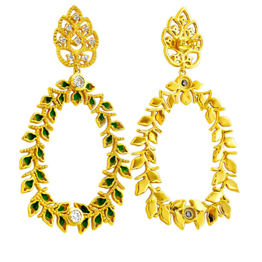 18K Gold Plated Green Enamel Leaf Design White Crystal Hoop Earrings BIE1054_A