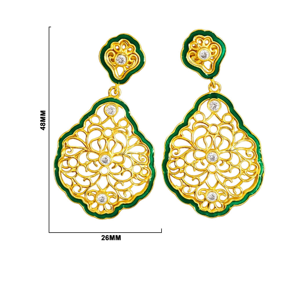 Elegant 18K Gold Plated Green Enamel Floral Designer Drop Earrings BIE1062_A