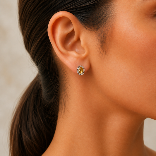 925 Silver Textured Oval Gemstone Vintage Stud Earrings for Women AGE1016 E-1245