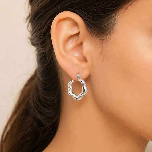 Women’s 925 Sterling Silver Flower Hoop Earrings – Unique Chunky Design DGE1029