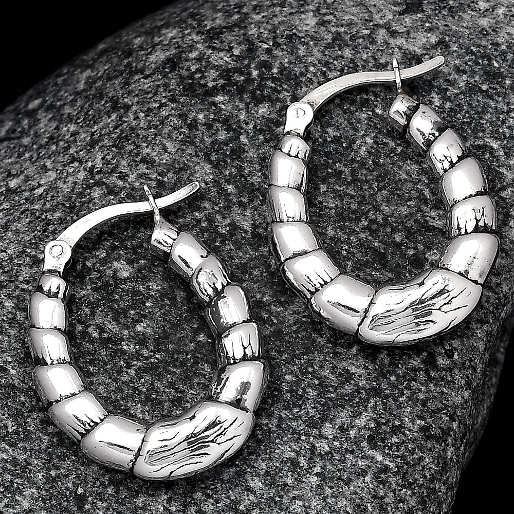 925 Sterling Silver Textured Bamboo Hoop Earrings Classic Women’s Style DGE1037
