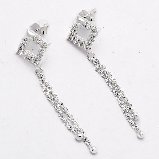 925 Sterling Silver CZ Square Chain Drop Earrings Jewelry for Women DGE1046