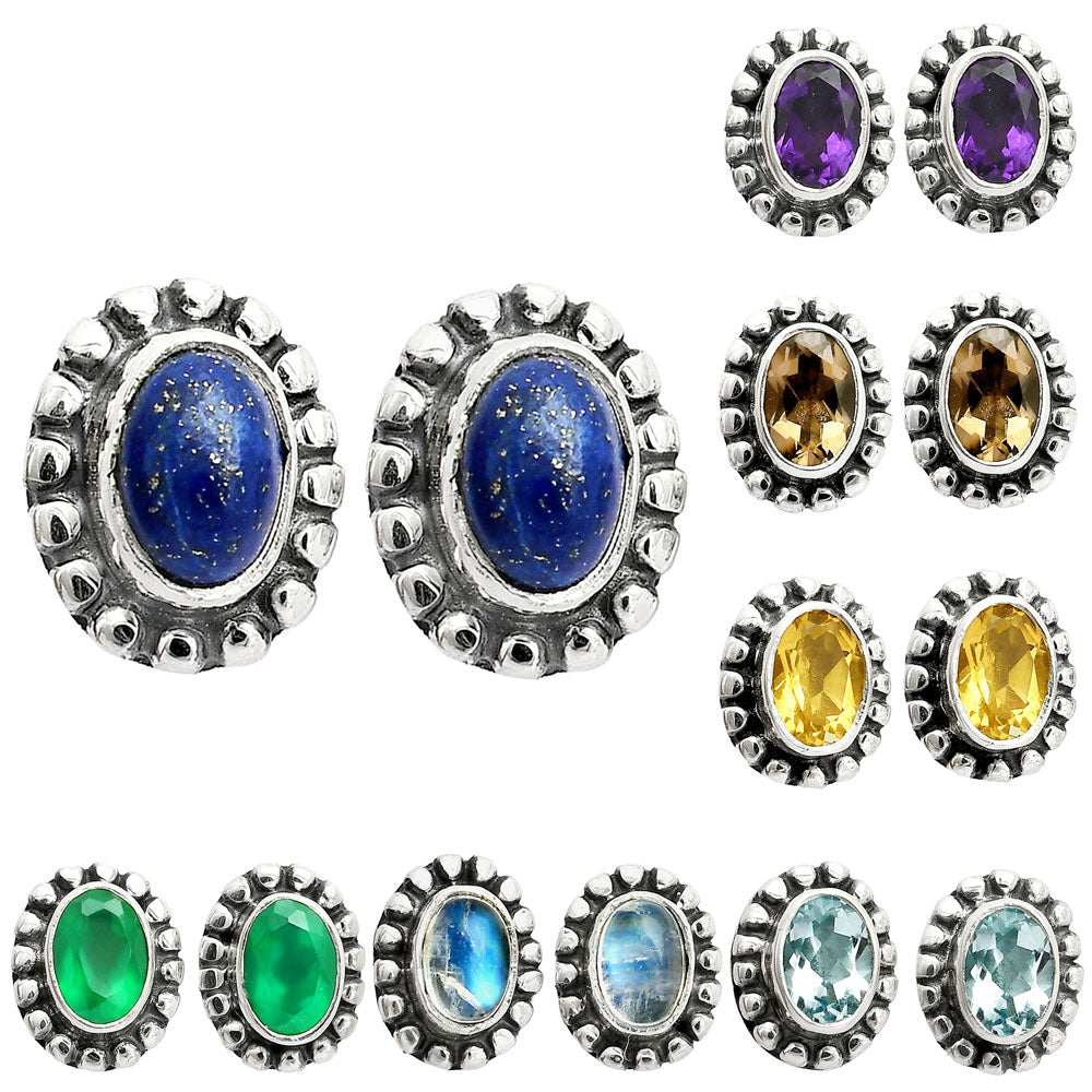 Oval Gemstone Silver Stud Earrings – Amethyst, Citrine, Lapis, Moonstone DGE1066 E-1121
