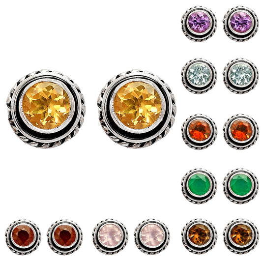 Round Gemstone Silver Stud Earrings – Amethyst, Citrine, Garnet, Topaz DGE1067 E-1245
