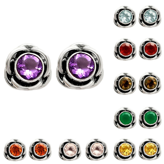 Round Gemstone Flower Stud Earrings 925 Sterling Silver Birthstone Gift DGE1079 E-1248