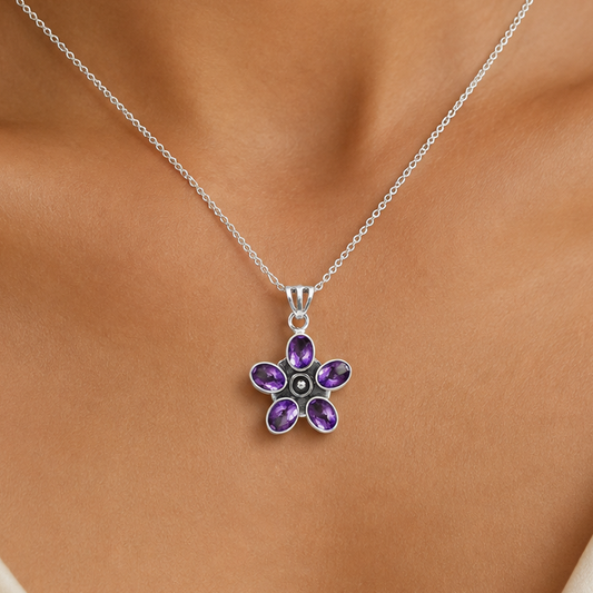 925 Sterling Silver Natural Gemstone Flower Pendant Handmade Jewelry DGP1013 P-1024