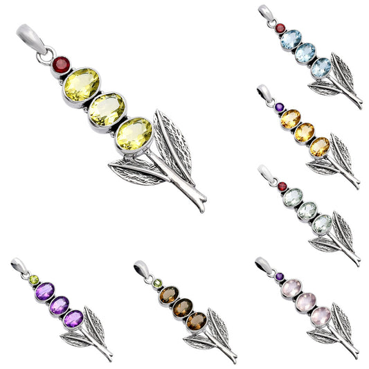 Natural Multi-Gemstone Leaf Pendant 925 Sterling Silver Gift for Women DGP1014 P-1128