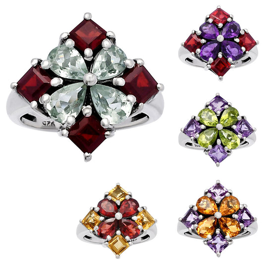 Floral Natural Multi Gemstone Ring 925 Sterling Silver Handmade Jewelry DGR1137 R-1021