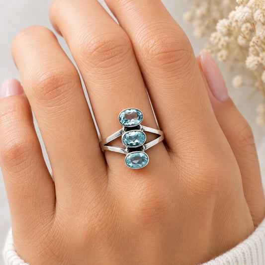 Three Stone Natural Gemstone Ring 925 Sterling Silver Handmade Jewelry DGR1140 R-1263