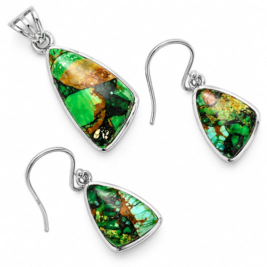 Green Matrix Turquoise Pendant Earrings Set T-1002 DGT01011