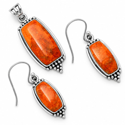 Red Sponge Coral Pendant Earrings Set T-1007 DGT01041