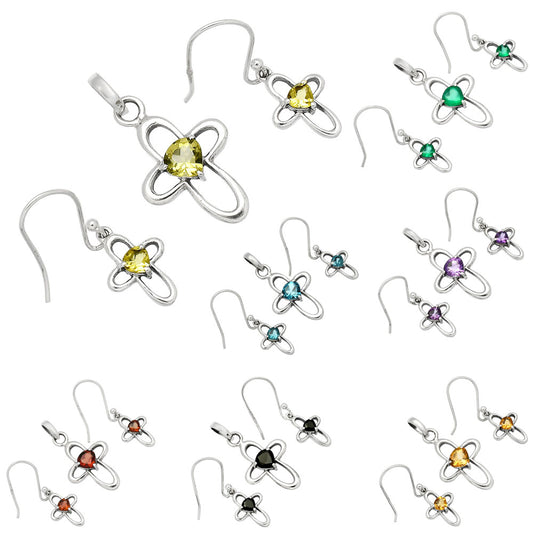 Heart Multi-Gemstone 925 Sterling Silver Pendant & Earrings Jewelry Set DGT01054 T-1011