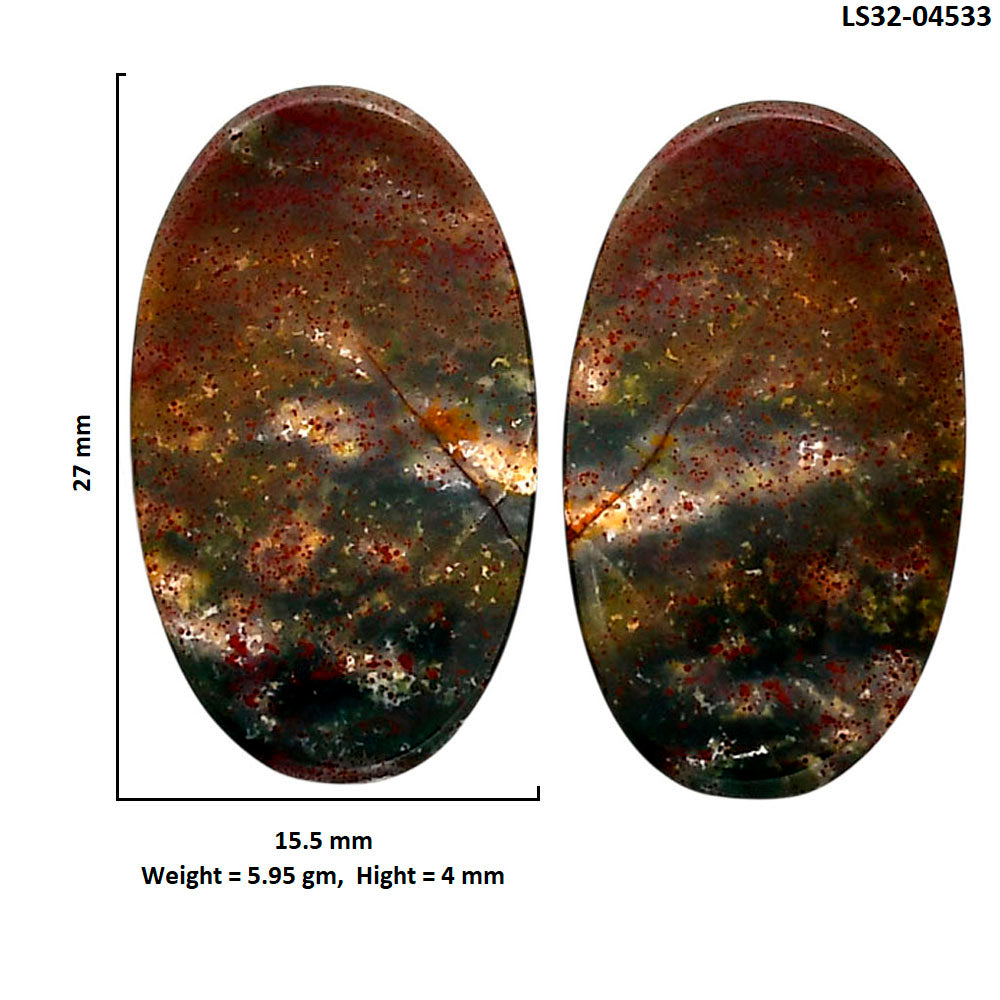 Blood Stone Pair 15.5x27x4 mm Oval Shape Polished Gemstone LS32-04533