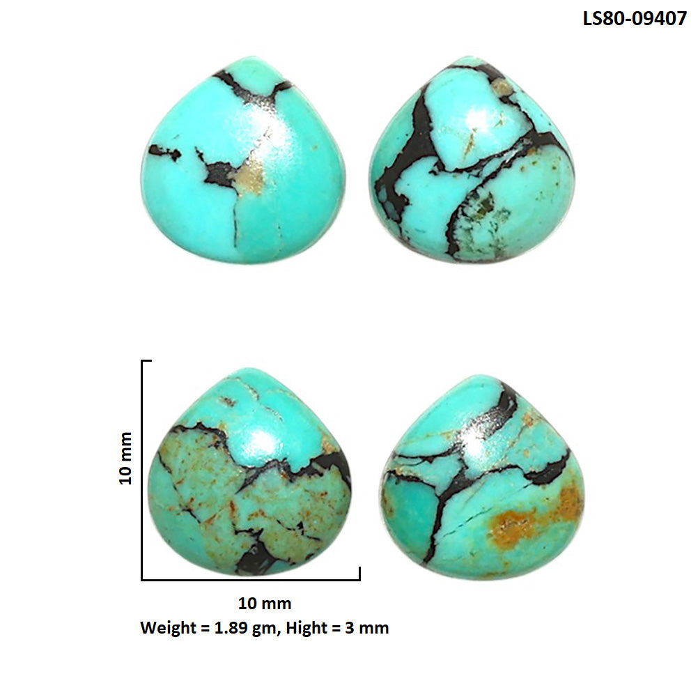 Natural Lucky Charm Tibetan Turquoise 10x10x3 mm Heart Shape Polished Gemstone Set of 4 LS80-09407