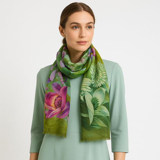 Premium Quality Floral Printed Scarf Silk and Wool Mix Lightweight MSW101
