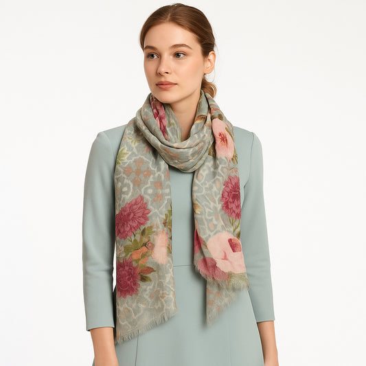 Premium Quality Floral Printed Scarf Silk and Wool Mix Lightweight MSW102
