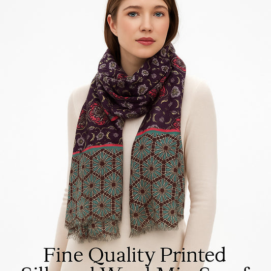 Premium Quality Printed Scarf Silk and Wool Mix Lightweight Wraps MSW107