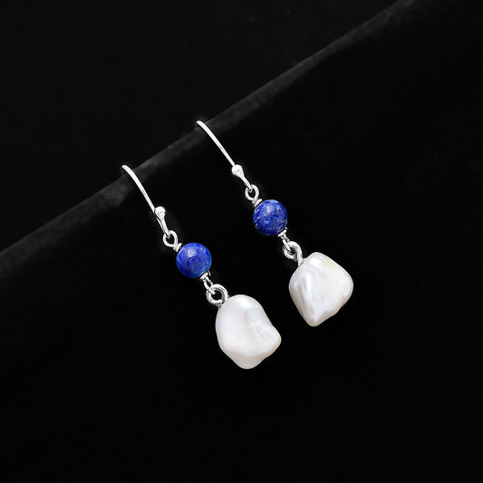 Natural Fresh Water Biwa Pearl & Lapis Lazuli Earrings E-1010 SDE70553
