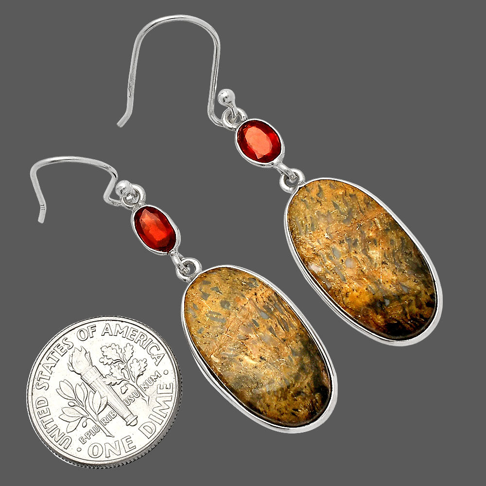 Palm Root Fossil Agate & Garnet Earrings E-1002 SDE82362