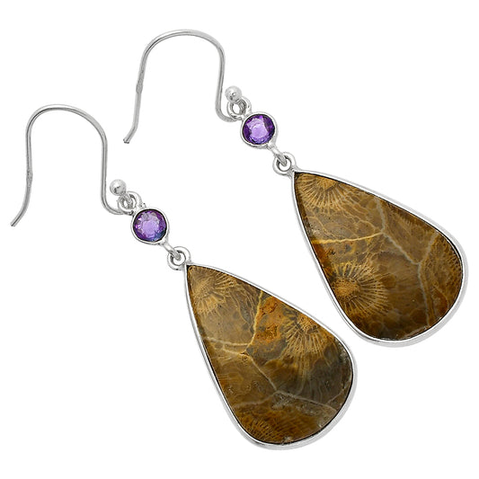 Flower Fossil Coral & Amethyst Earrings E-1002 SDE82427
