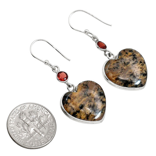 Heart Russian Honey Dendrite Opal and Garnet Earrings E-1002 SDE91708