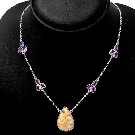 Natural Flower Fossil Coral & Amethyst Necklace N-1004 SDN1303