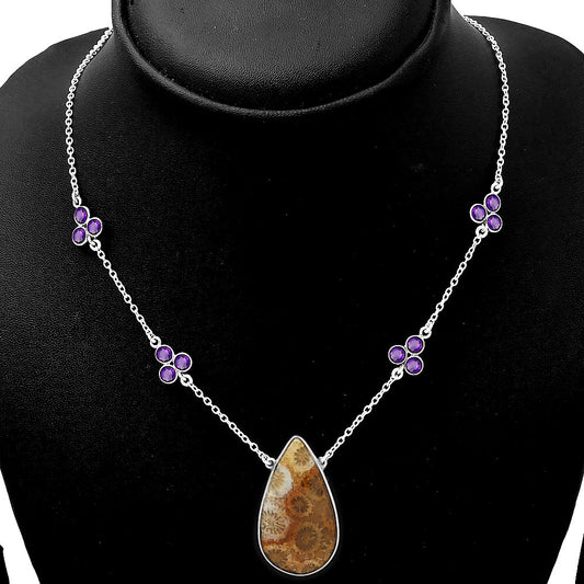 Natural Flower Fossil Coral & Amethyst Necklace N-1004 SDN1408