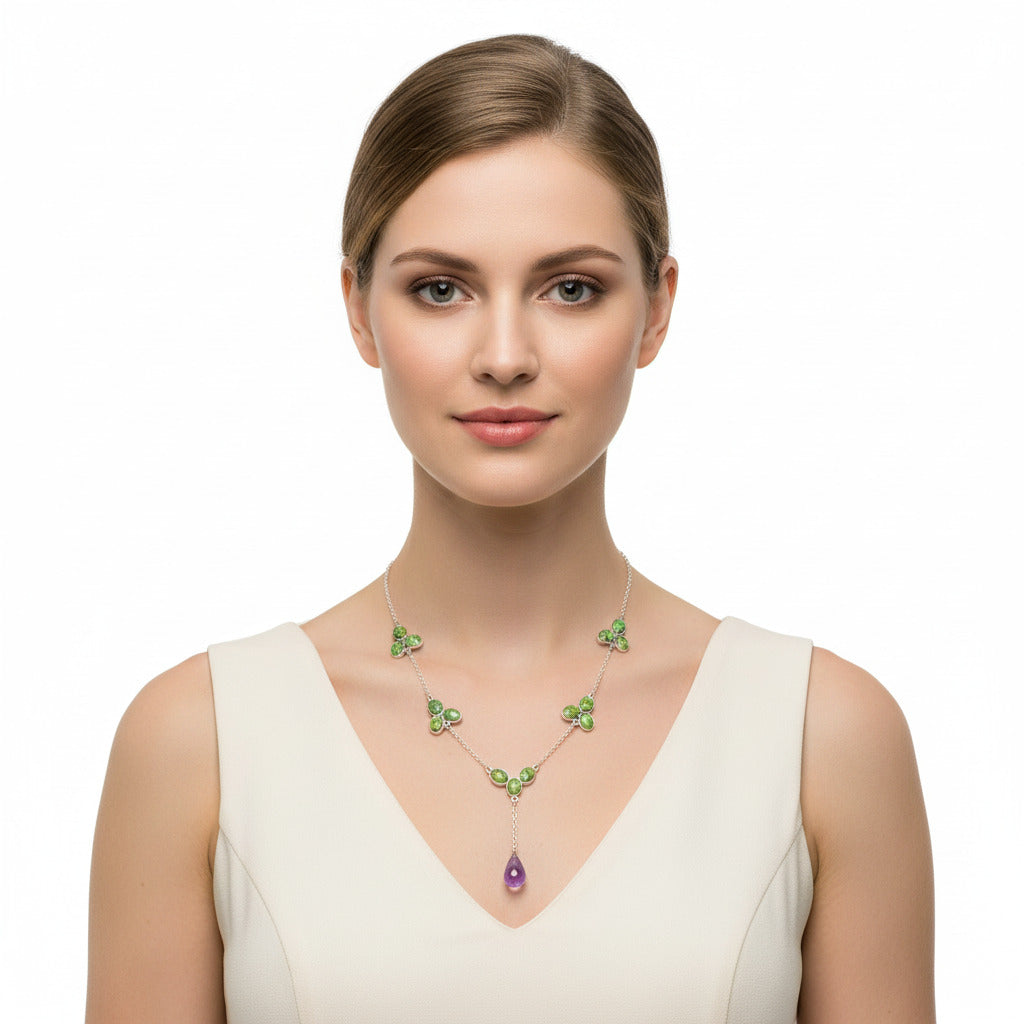 Faceted Amethyst Drop & Green Matrix Turquoise Necklace N-1005 SDN1447