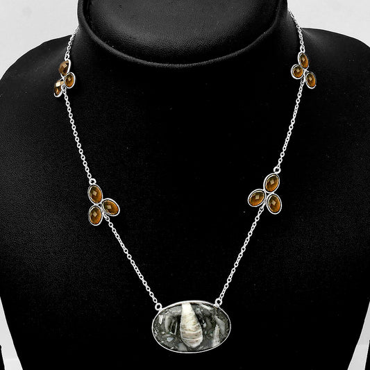 Natural Mexican Cabbing Fossil & Smoky Quartz Necklace N-1004 SDN1666