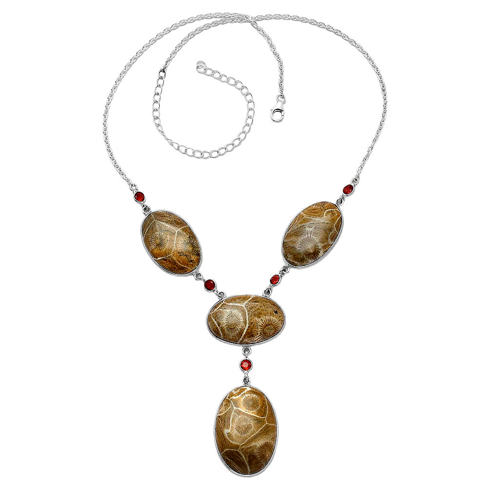 Natural Flower Fossil Coral & Garnet Necklace N-1023 SDN1951