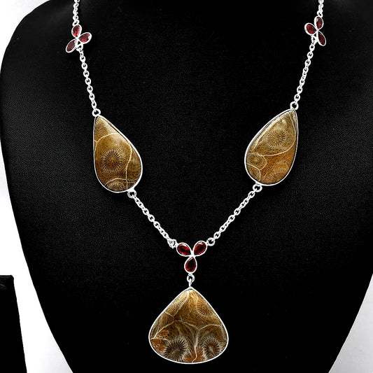 Natural Flower Fossil Coral & Garnet Necklace N-1021 SDN1993