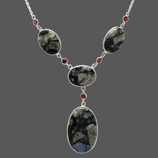 Llanite Blue Opal Crystal Sphere & Garnet Necklace N-1023 SDN2032