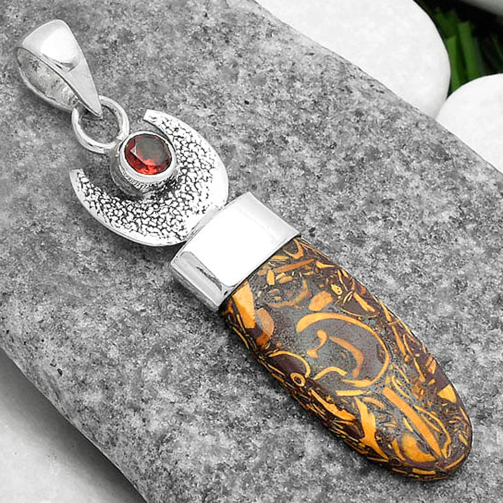 Crescent Moon - Coquina Fossil Jasper & Garnet Pendant P-1453 SDP103238
