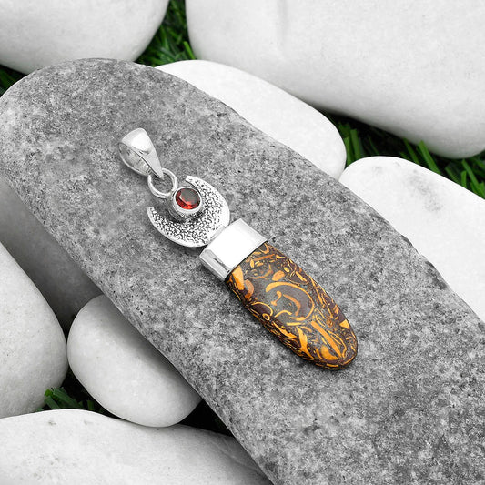 Crescent Moon - Coquina Fossil Jasper & Garnet Pendant P-1453 SDP103238
