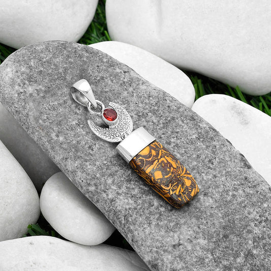 Crescent Moon - Coquina Fossil Jasper & Garnet Pendant P-1453 SDP103239