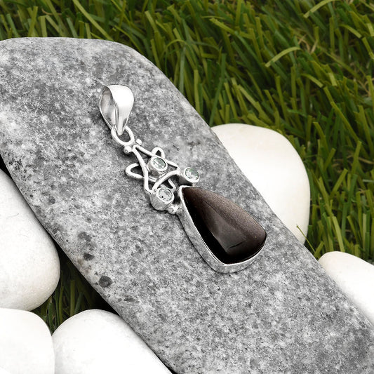 Star - Silver Obsidian & White Zircon Pendant P-1095 SDP107513