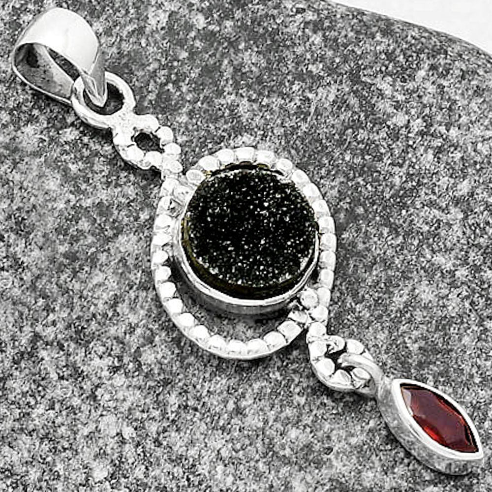 Natural Black Druzy & Garnet Pendant P-1115 SDP109498