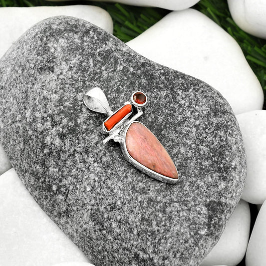 Pink Tulip Quartz, Coral Stick & Garnet Pendant P-1708 SDP109549