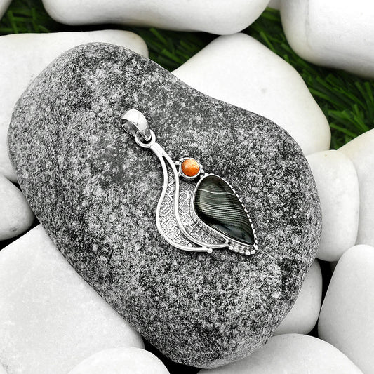 Crown Of Silver Psilomelane Black Malachite & Sunstone Pendant P-1467 SDP109643