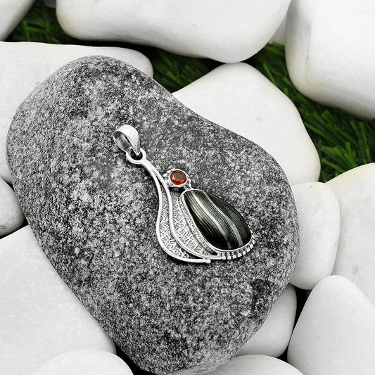 Crown Of Silver Psilomelane - Black Malachite & Garnet Pendant P-1467 SDP109649