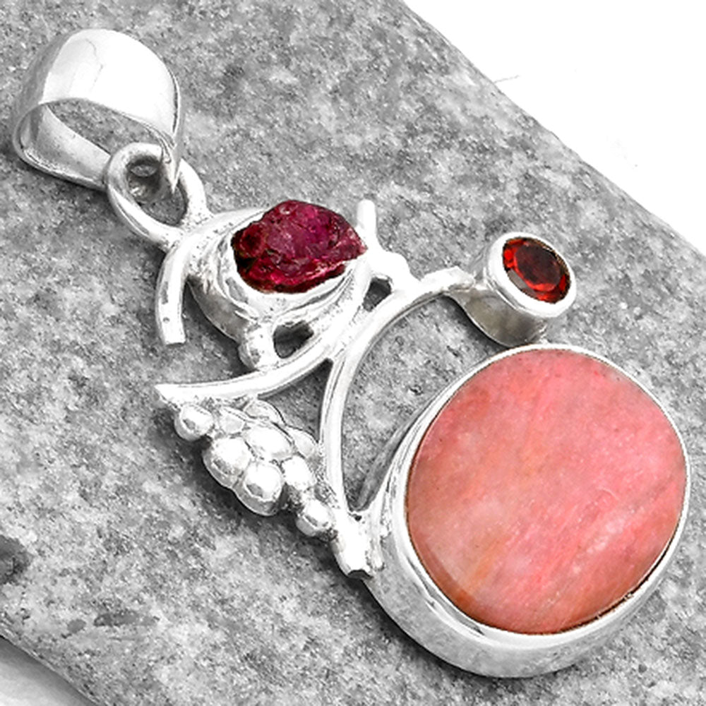 Pink Tulip Quartz, Tourmaline Rough & Garnet Pendant P-1704 SDP109748