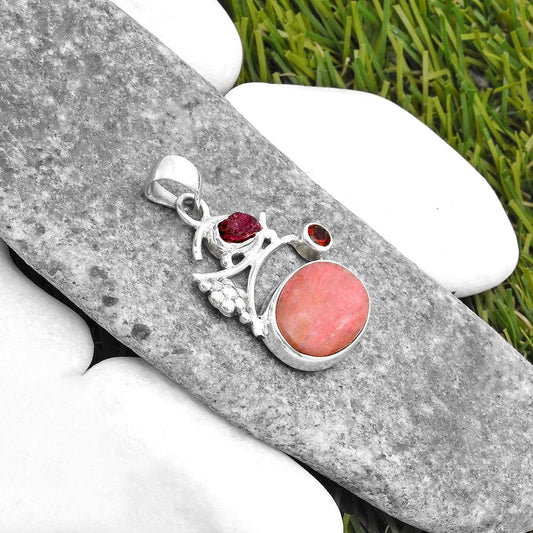Pink Tulip Quartz, Tourmaline Rough & Garnet Pendant P-1704 SDP109748