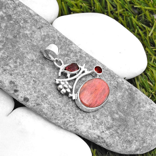 Pink Tulip Quartz, Tourmaline Rough & Garnet Pendant P-1704 SDP109749