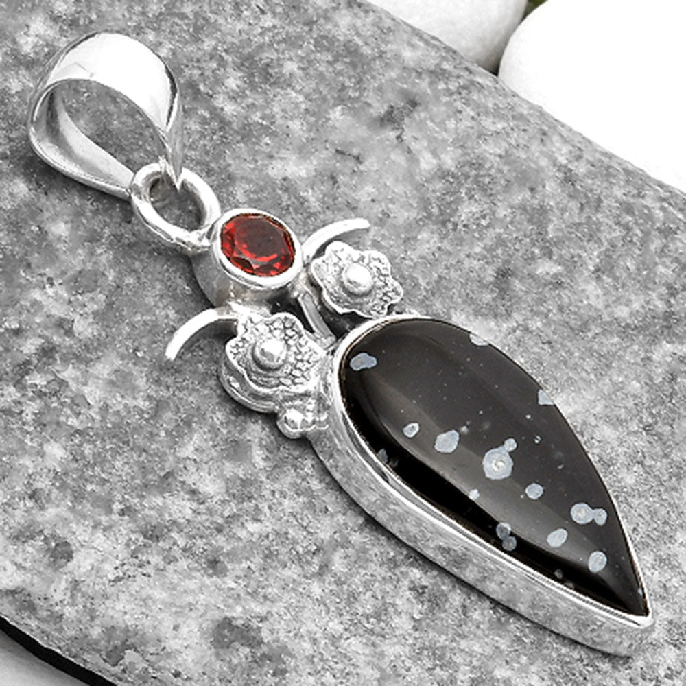 Natural Snow Flake Obsidian & Garnet Pendant P-1695 SDP109789