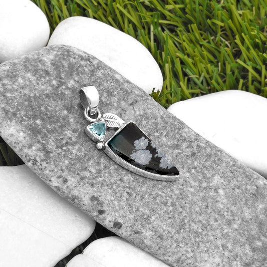 Snow Flake Obsidian & Sky Blue Topaz Pendant P-1652 SDP110014