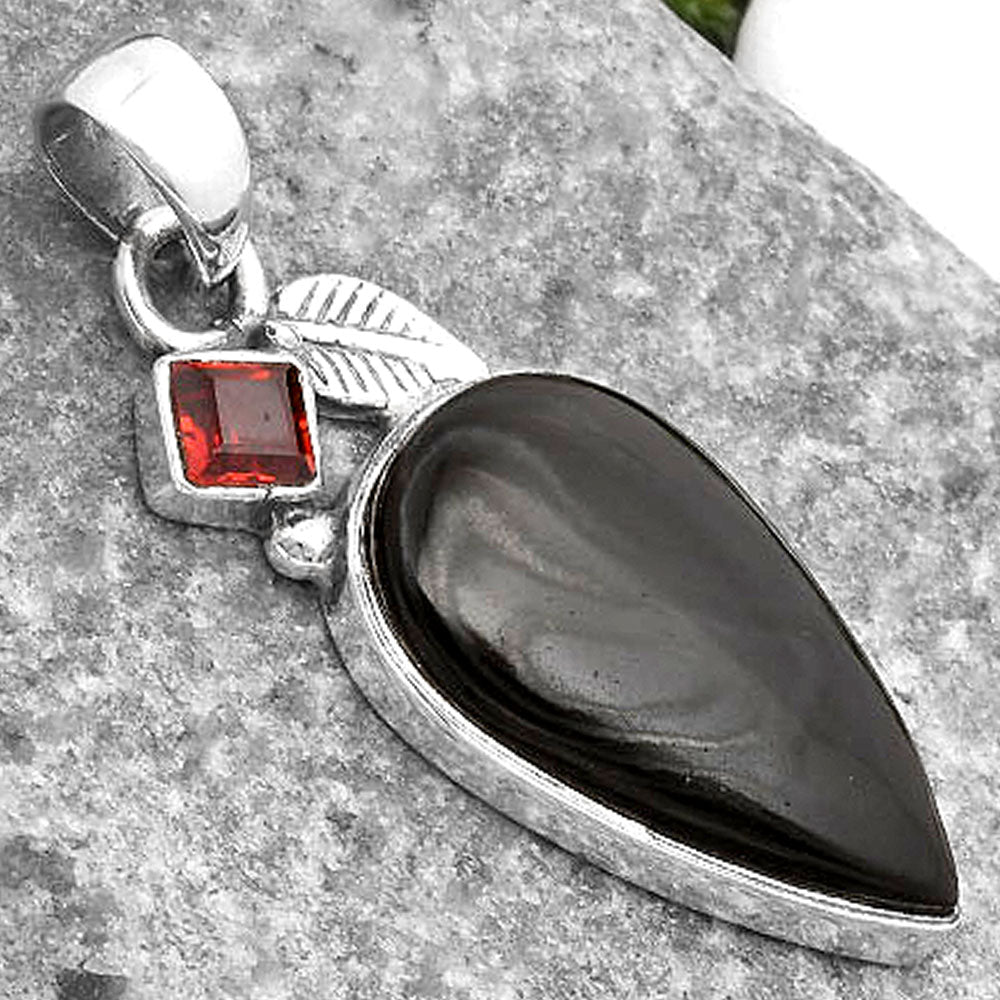 Crown Of Silver Psilomelane - Black Malachite & Garnet Pendant P-1652 SDP110039