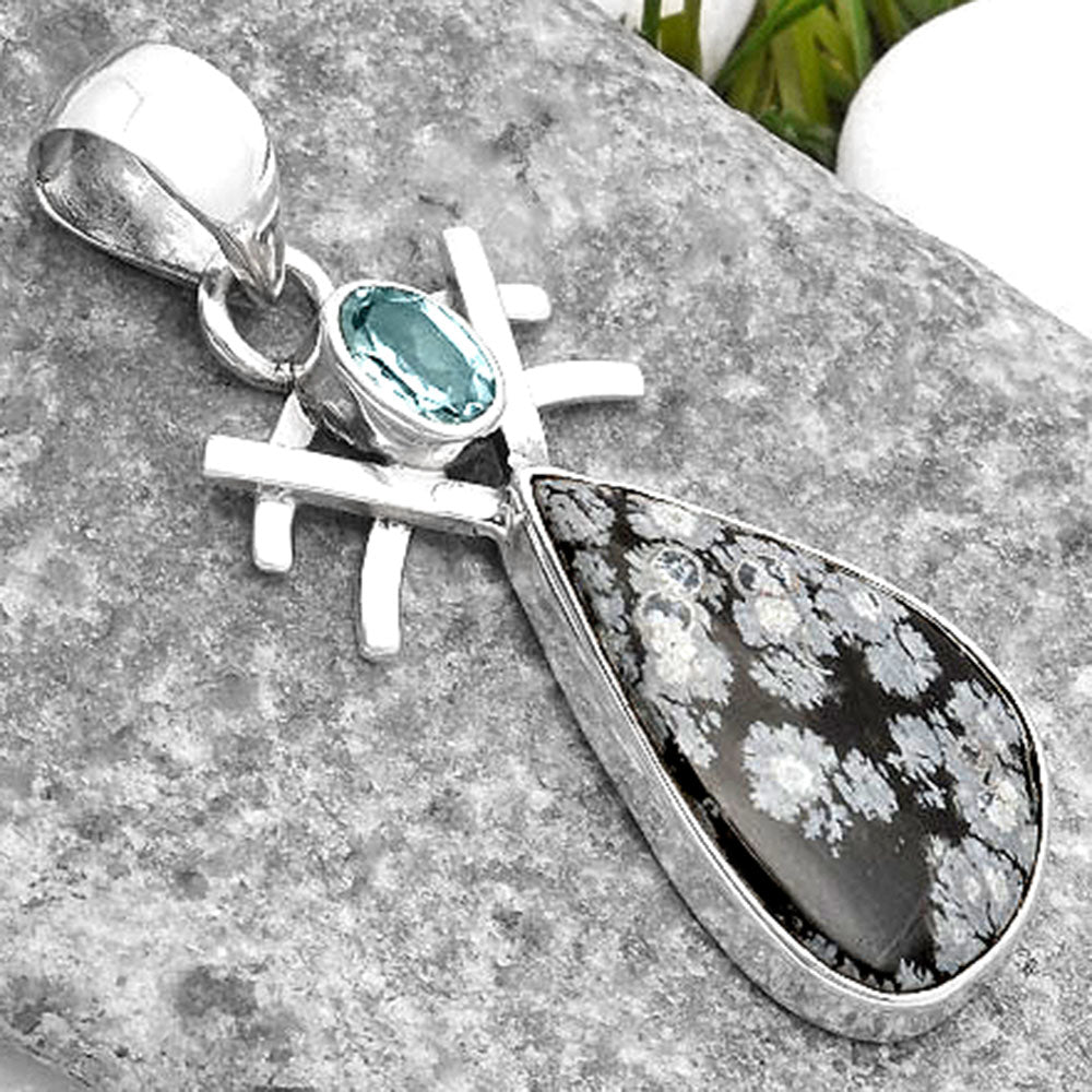 Snow Flake Obsidian & Sky Blue Topaz Pendant P-1046 SDP110120